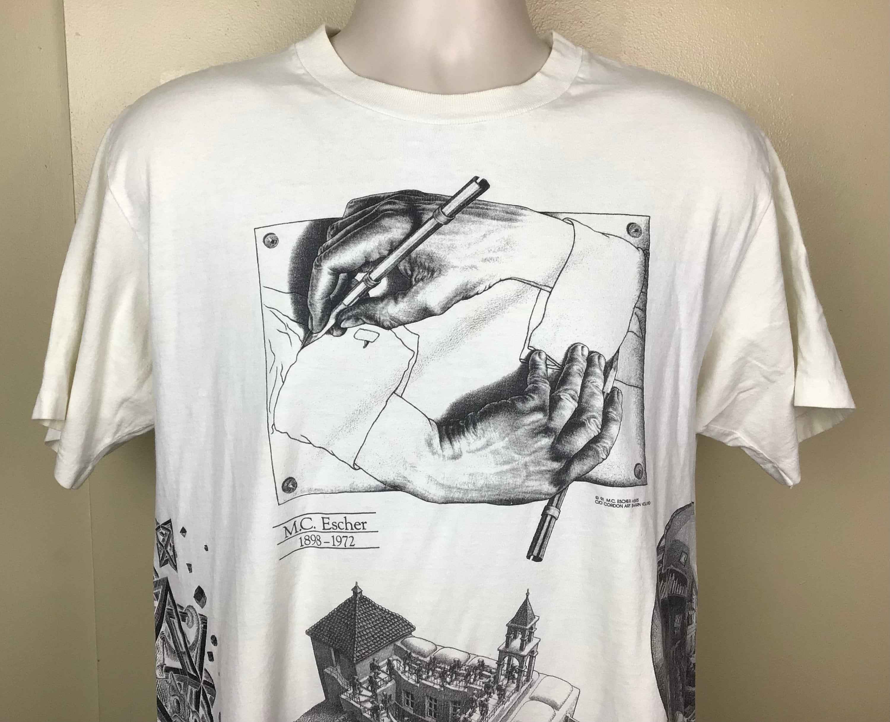 Vtg 1991 MC Escher All Over Print T-Shirt White L 90s Art Artist  