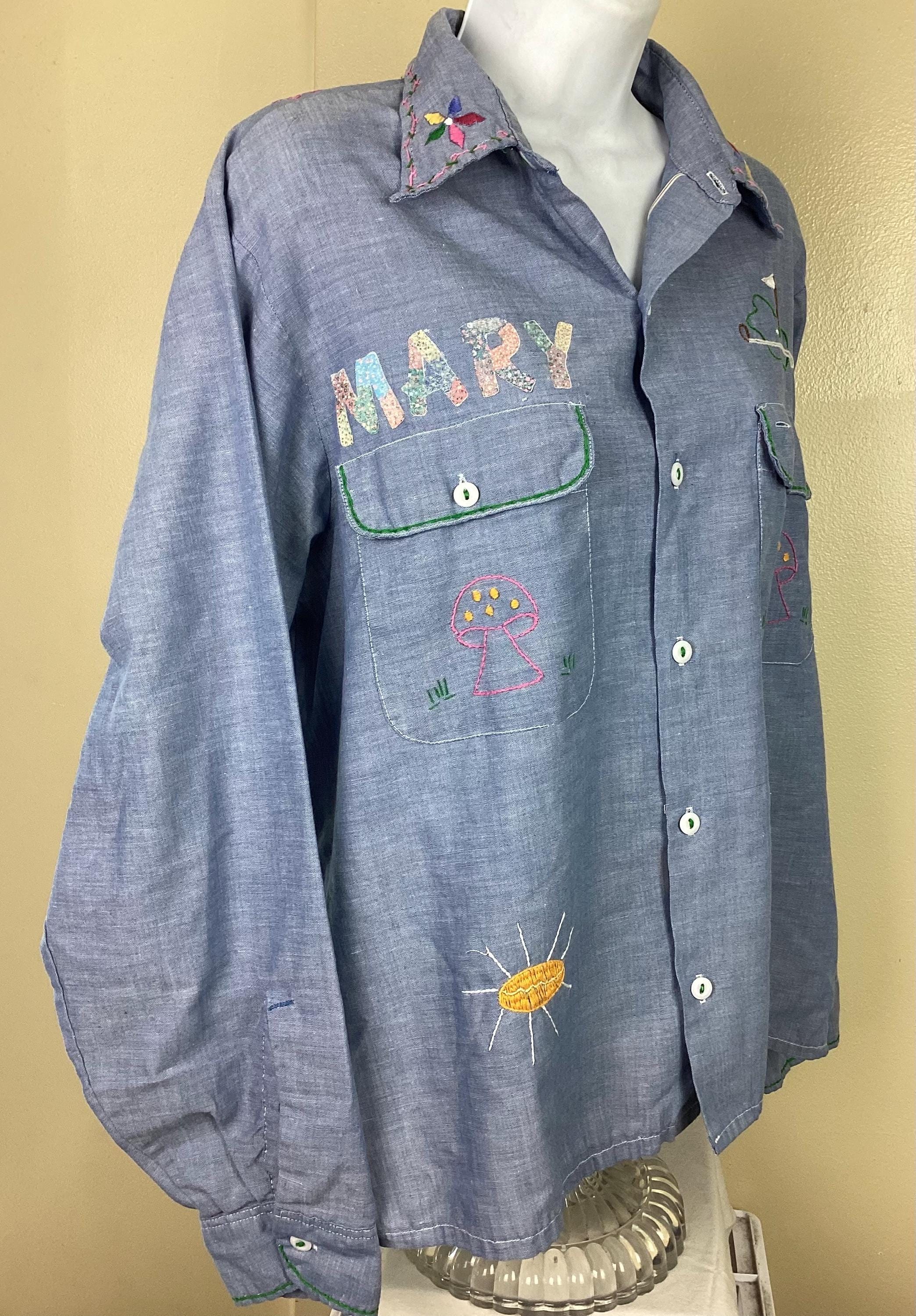 Vtg 70s JC Penney Big Mac Embroidered Chambray Shirt Blue L