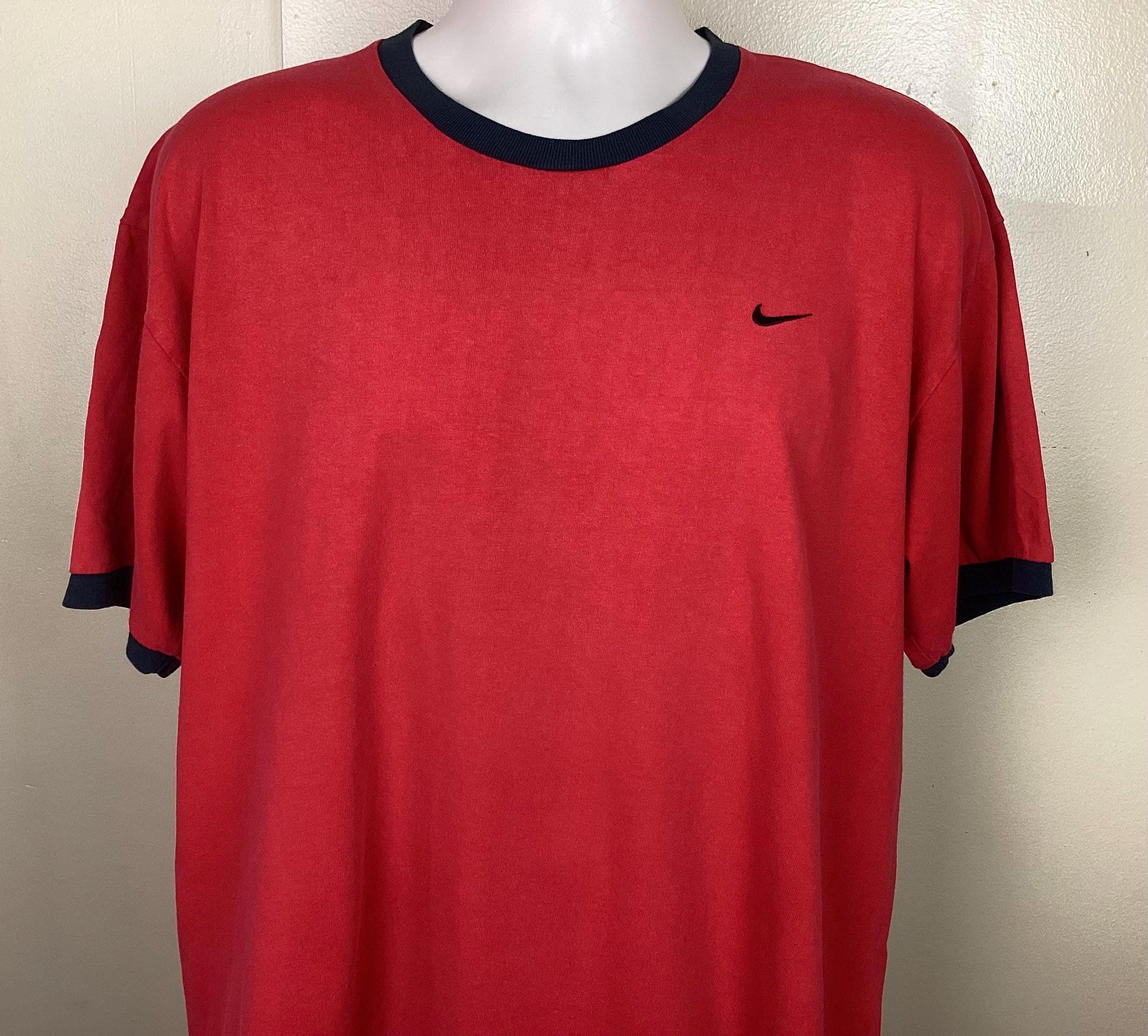 Vtg Y2K Nike Mini Swoosh Logo Ringer T-shirt Red Blue L/xl Made in 