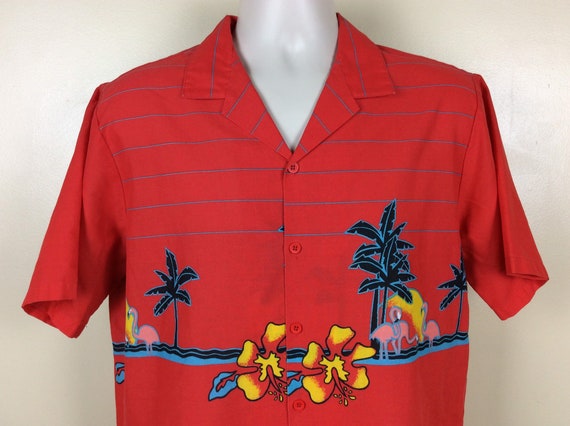 Vtg 80s West Trends Flamingo Sunset Aloha Shirt R… - image 1