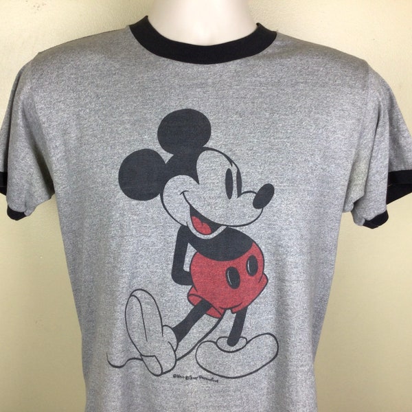 Vtg 70s Mickey Mouse Ringer T-Shirt Heather Gray M Walt Disney Productions Single Stitch