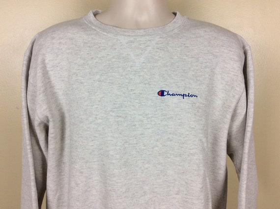 Vtg 90s Champion Heather Grau Besticktes Logo Sweatshirt L Crew Neck Made  in USA