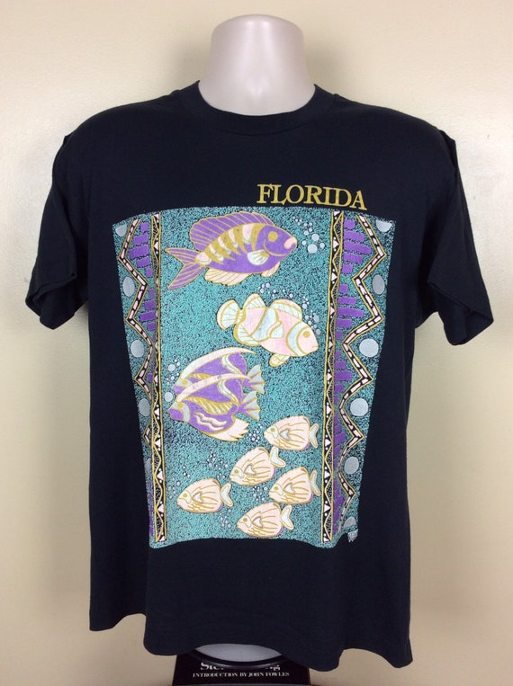 Vtg 80s Screen Stars Florida Tropical Fish T-shirt Black L/XL Tourism  Destination Ocean 