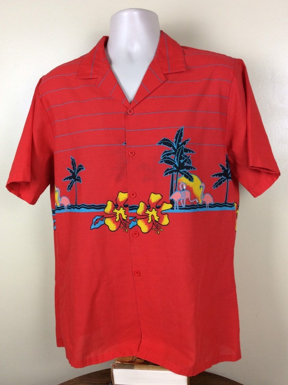 Vtg 80s West Trends Flamingo Sunset Aloha Shirt R… - image 4