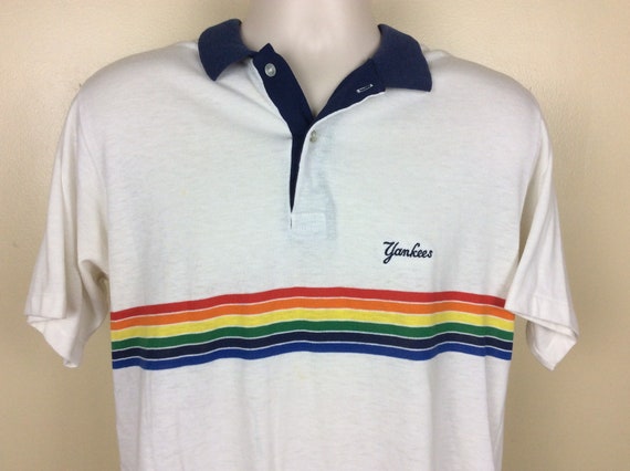 Vtg 80s NY Yankees Rainbow Stripes Polo Shirt Whi… - image 1