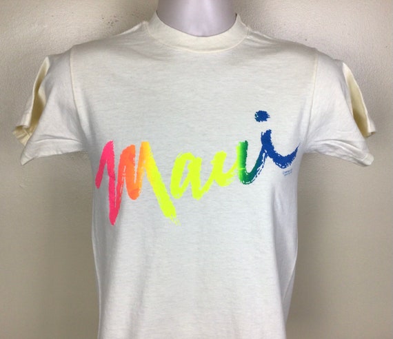 Vtg 1988 Maui Hawaii T-Shirt Ivory S 80s Rainbow … - image 1