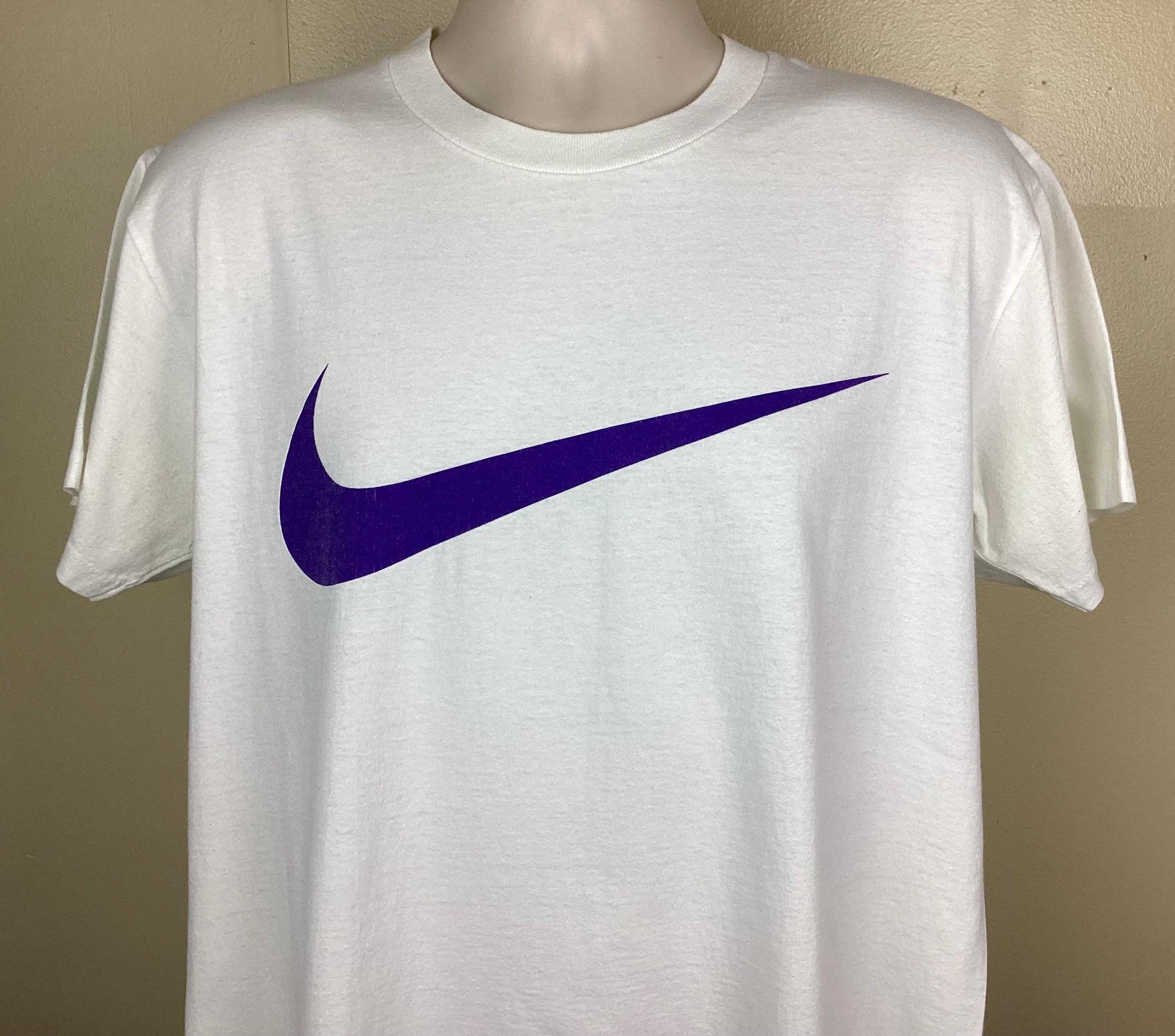 Vtg Early 90s Nike Big Center Swoosh Logo T-shirt White Purple L