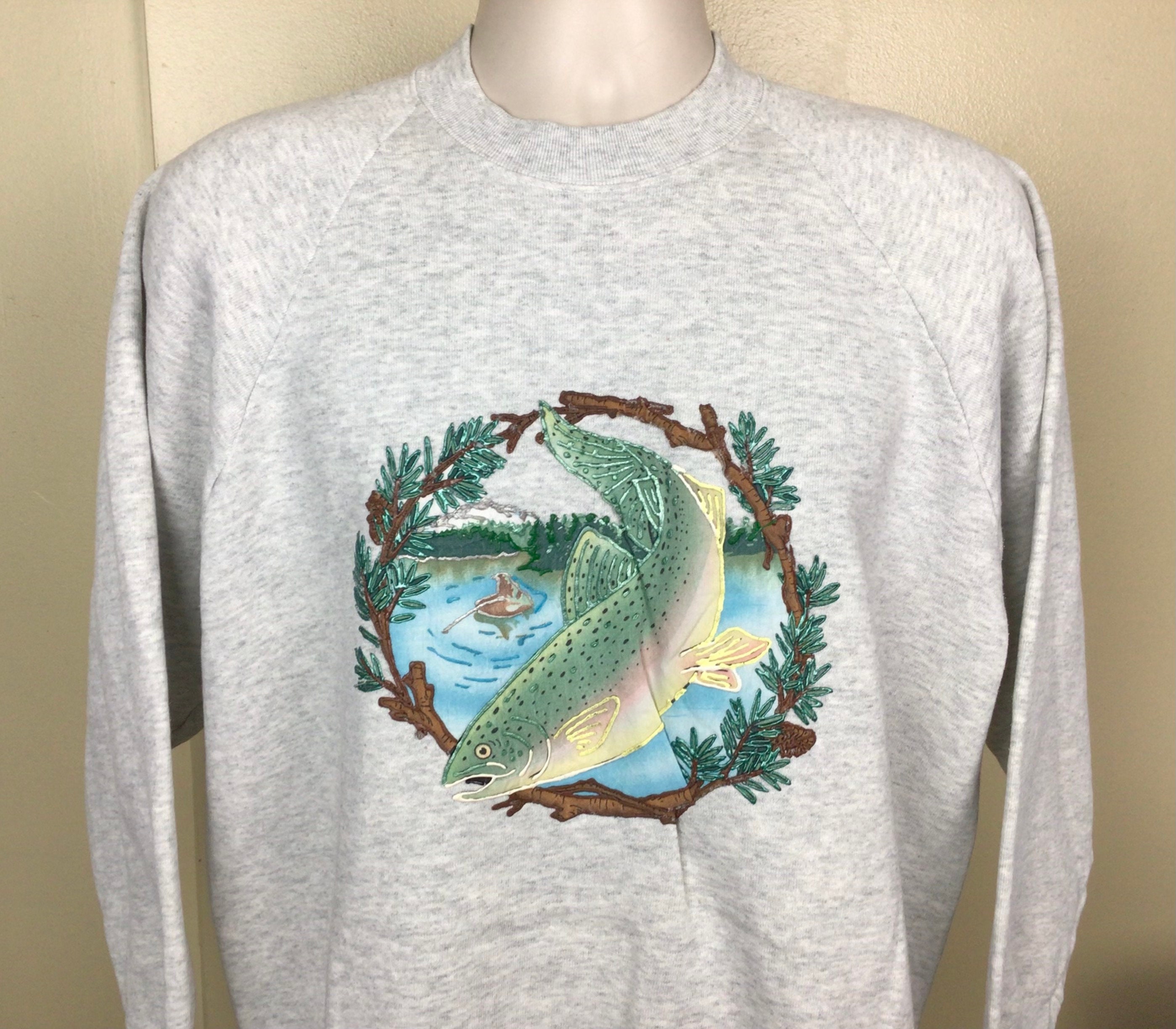 Brookブルックスウェットトレーナートラウト魚フィッシンググレー