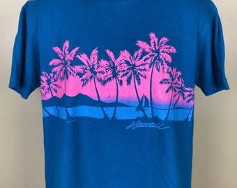 Tシャツ・カットソー New Era LIGHTERA Palm Tree T-Shirt Hawaiian Blue Vtg 80s Hawaii T-shirt Turquoise Blue L Palm Trees Beach