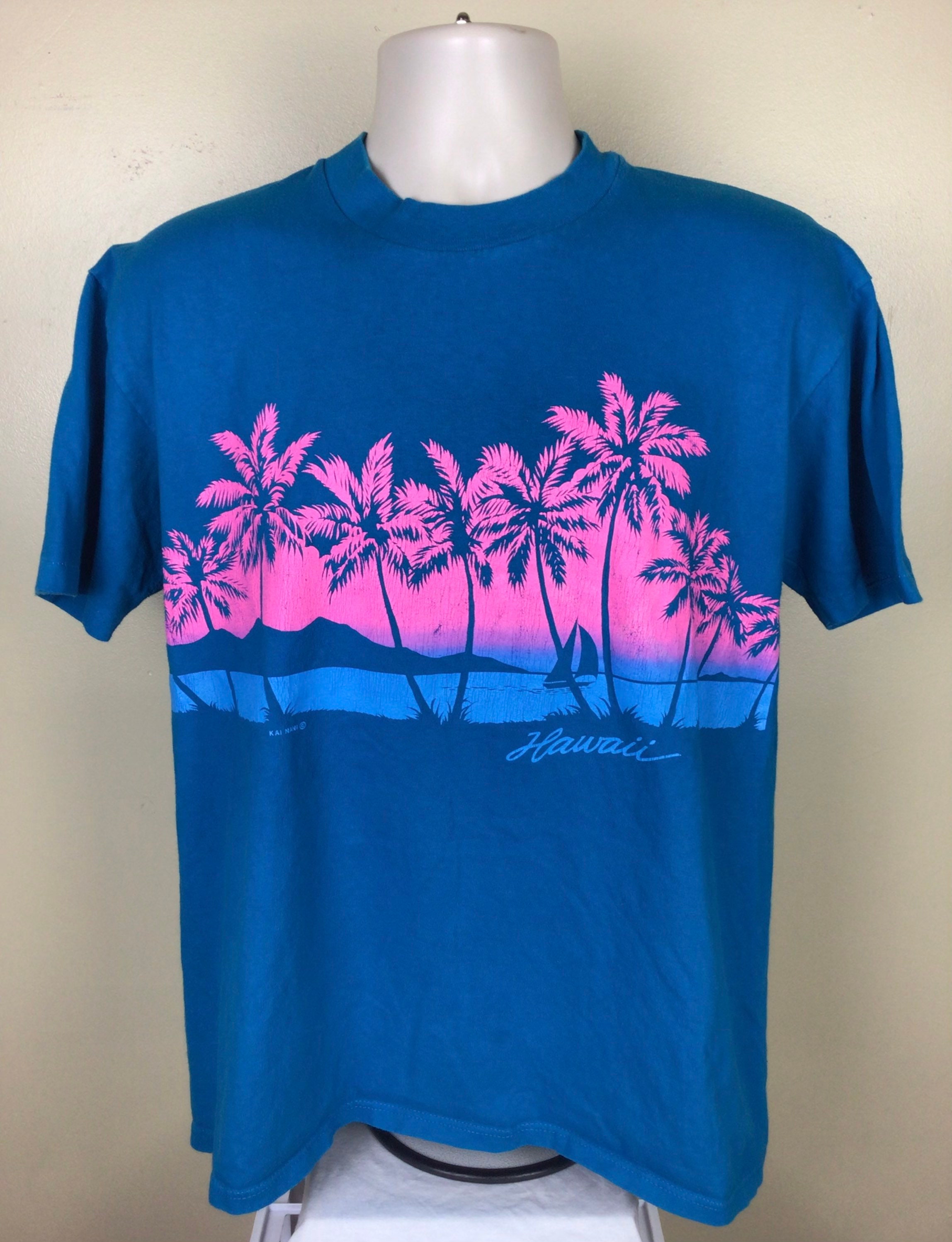 Vtg 80s Hawaii T-shirt Turquoise Blue L Palm Trees Beach