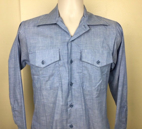 Vtg 70s Martin Mfg Chambray Shirt Blue S Long Sle… - image 1