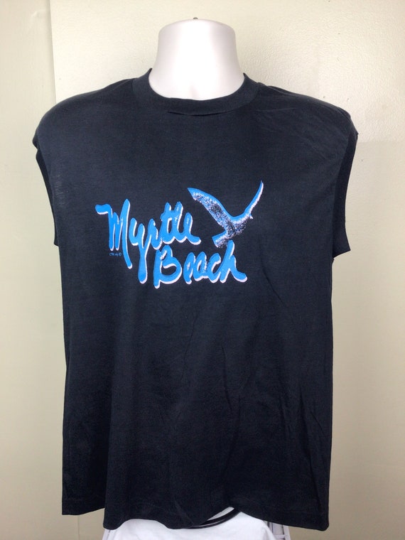 Vtg 80s Myrtle Beach Sleeveless Muscle T-Shirt Bl… - image 2