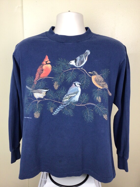 Vtg 1995 Wild Birds Long Sleeve T-Shirt Navy Blue… - image 2