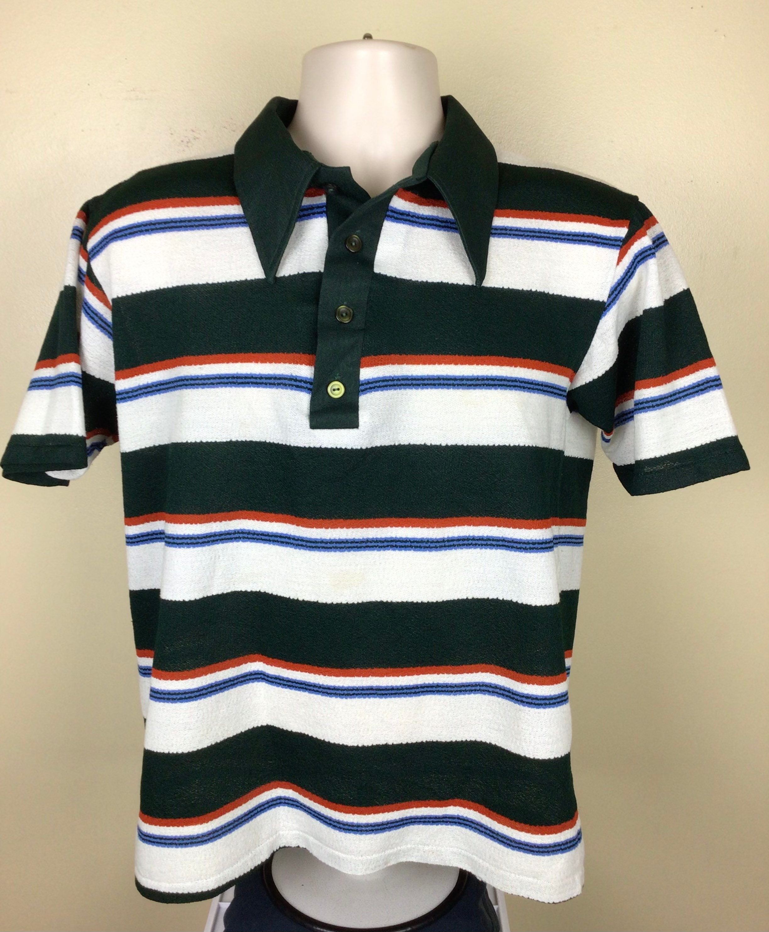 Vtg 70s Knit Textured Polyester Polo Shirt M/L Stripes Striped