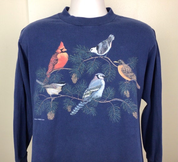 Vtg 1995 Wild Birds Long Sleeve T-Shirt Navy Blue… - image 1