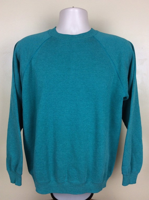 Vtg 80s Hanes Plain Teal Green Raglan Sweatshirt … - image 2