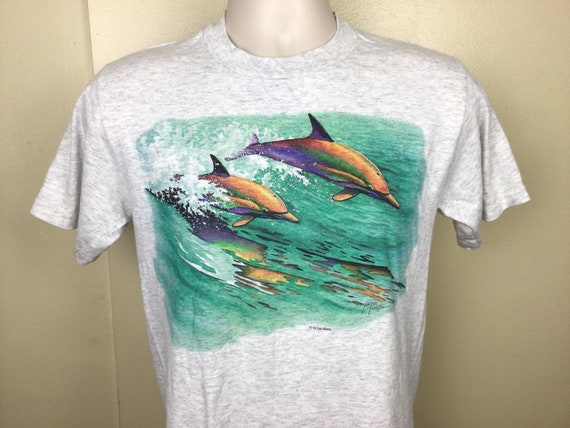 Vtg 1996 Dolphins T-Shirt Heather Gray S 90s Anim… - image 1