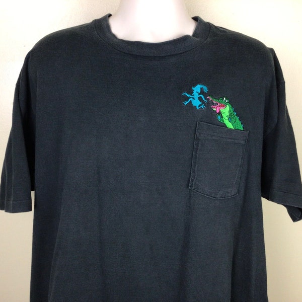 Vtg 90s Disney Peter Pan Captain Hook Embroidered Pocket T-Shirt Black XXL Single Stitch Crocodile