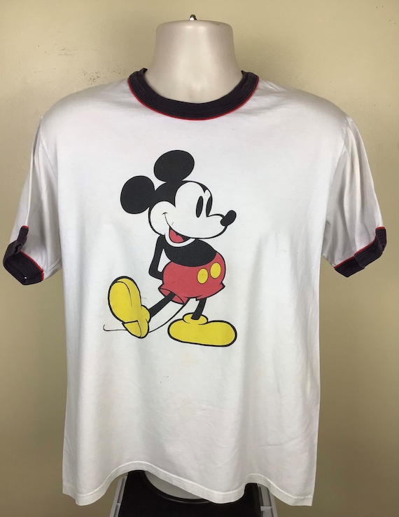 Vtg 80s 90s Mickey Mouse Ringer T-shirt White L/XL Disney 100
