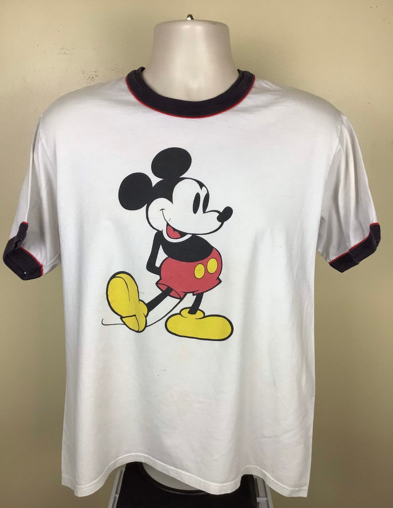 Vtg 80s 90s Mickey Mouse Ringer T-Shirt White L/XL Disney 100% Cotton Made In USA image 2