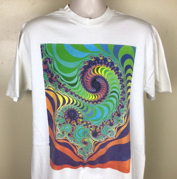 Vtg Early 90s Fractal Art Print T-Shirt White L M… - image 1