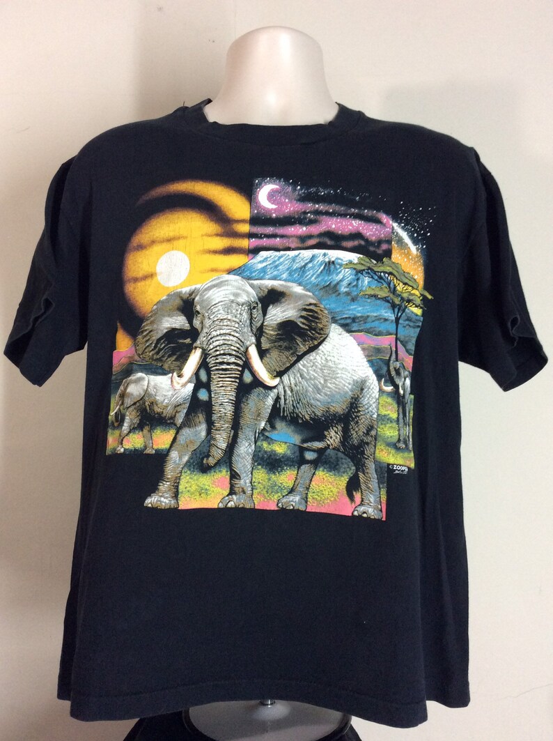 Vtg 90s Elephant T-Shirt Black L Animal Nature Wildlife Zooper
