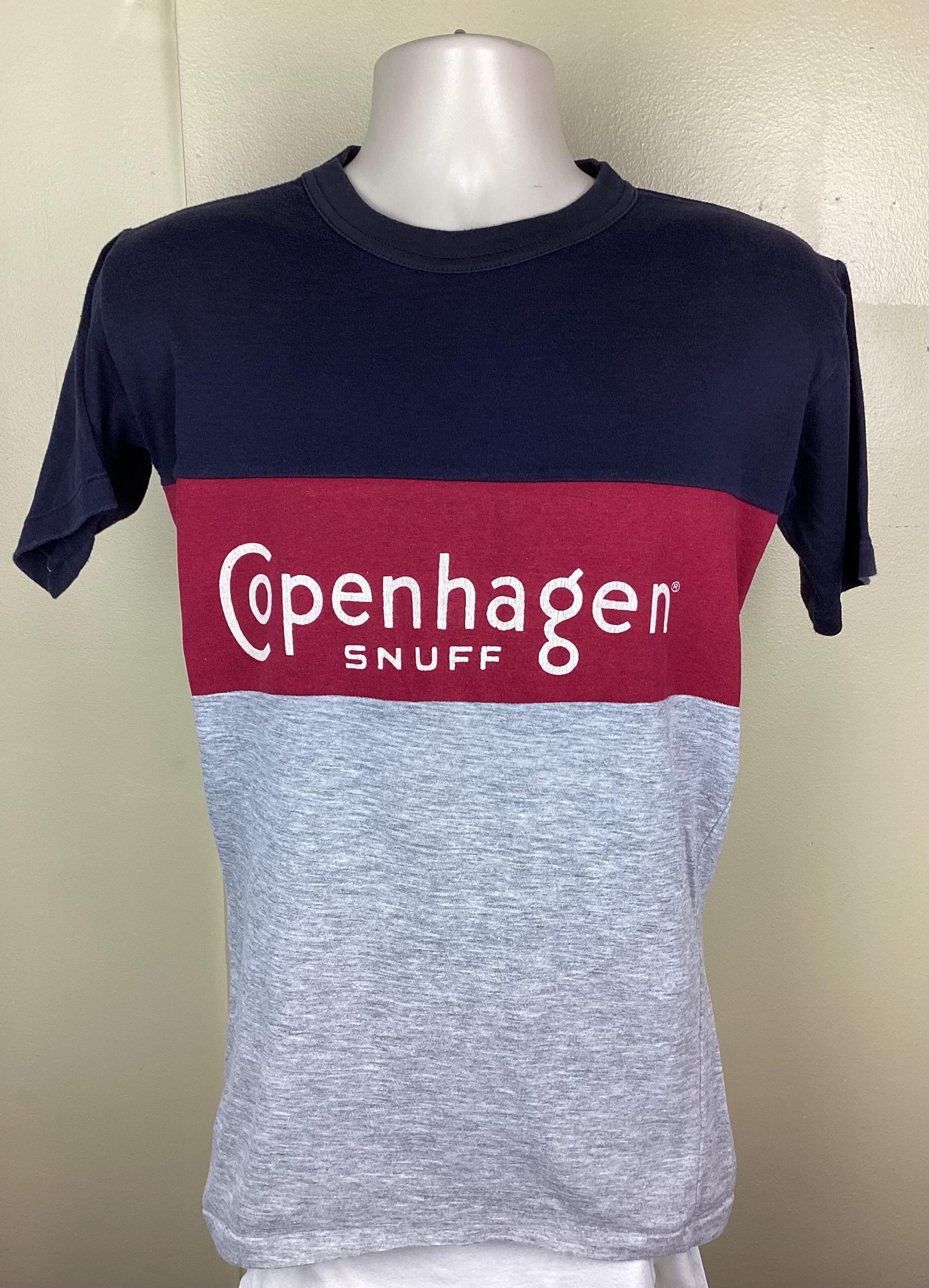 copenhagen tobacco t shirt Vtg 80s Copenhagen Snuff T-shirt Gray Black Red M Tobacco Product Single  Stitch Color Block
