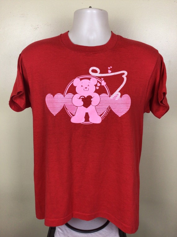 Vtg 1985 Heart Bear T-Shirt Red M/L 80s Screen St… - image 2