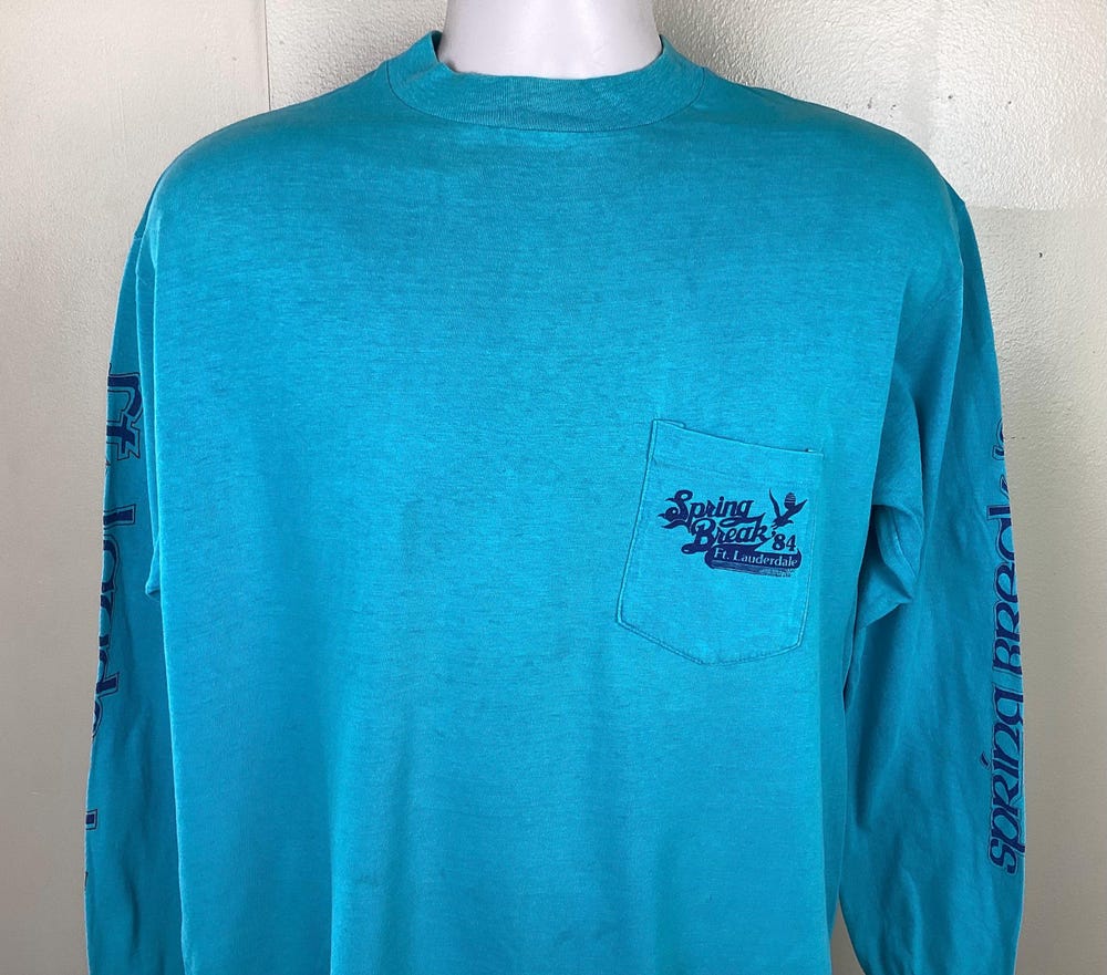 Vtg 1984 Spring Break ‘84 Fort Lauderdale Long Sleeve Pocket T-Shirt L Teal Green Florida Stedman Single Stitch