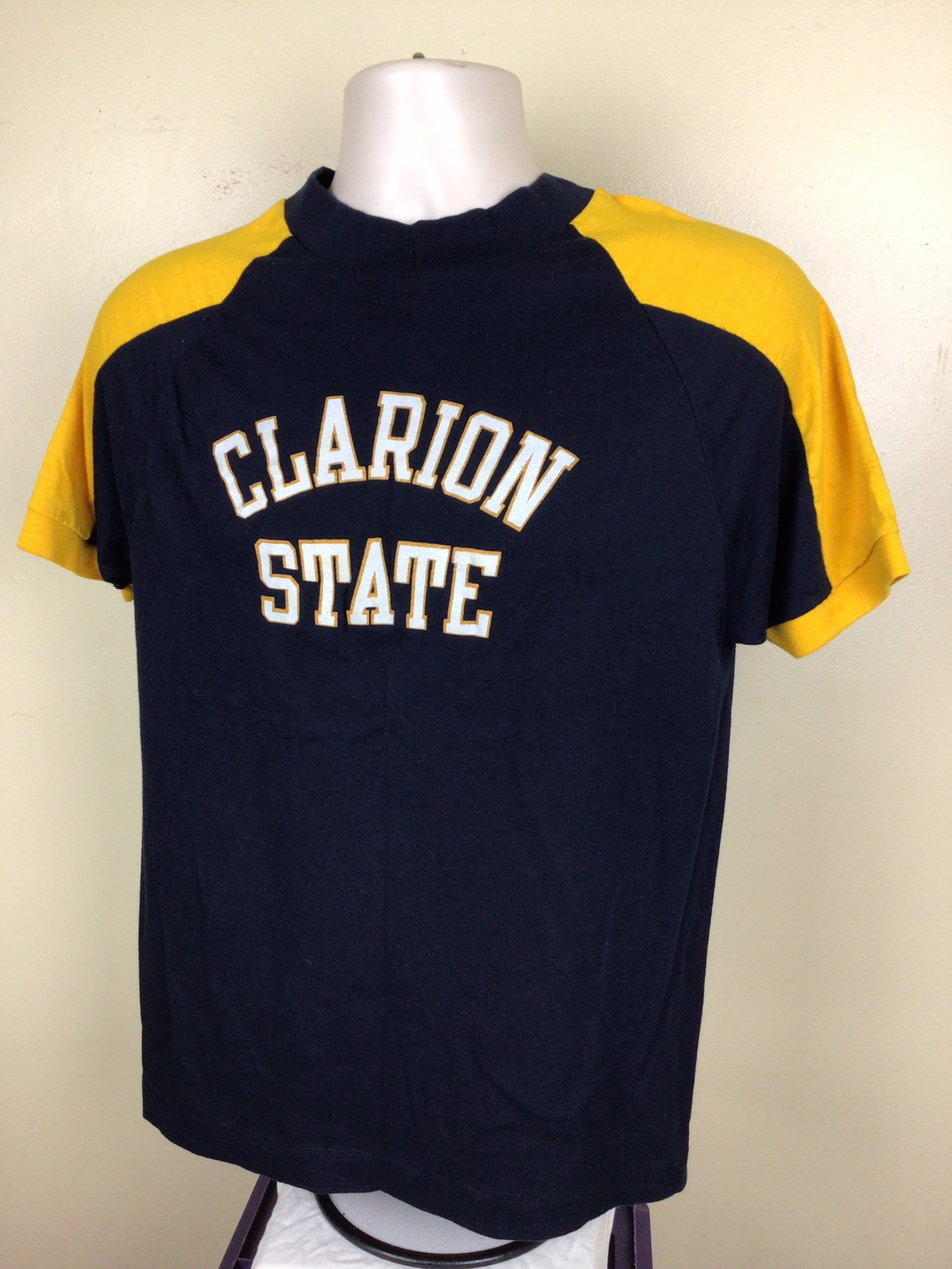 70sChampion CLARION STATE フットボールT Vtg 70s Champion Clarion State Raglan Ringer T-shirt Blue Gold M/L