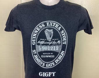 VTG 80s Guinness Extra Stout Gigfy T-shirt donkergrijs S/M Dublin Ireland Beer Single Stitch