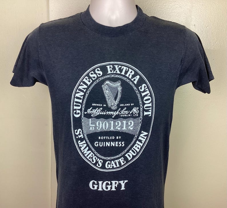 Vtg 80s Guinness Extra Stout Gigfy T-Shirt Dark Gray S/M Dublin Ireland Beer Single Stitch image 1