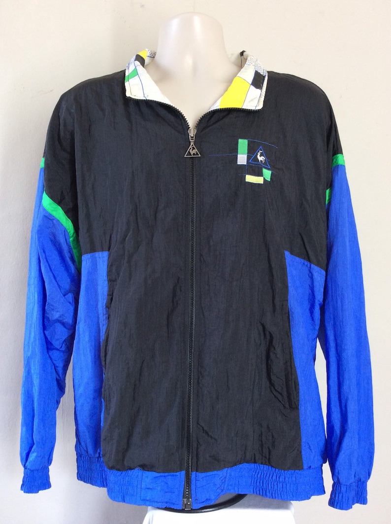 Vtg 80s Early 90s Le Coq Sportif Windbreaker Jacket Black Blue L French Sneaker Brand image 2