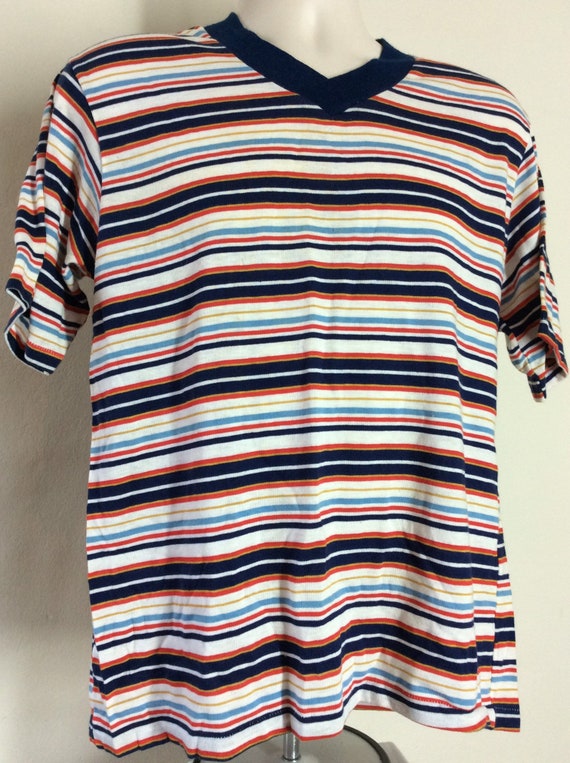 Vtg 70s KMart Striped V-Neck T-Shirt M/L K-Mart S… - image 4