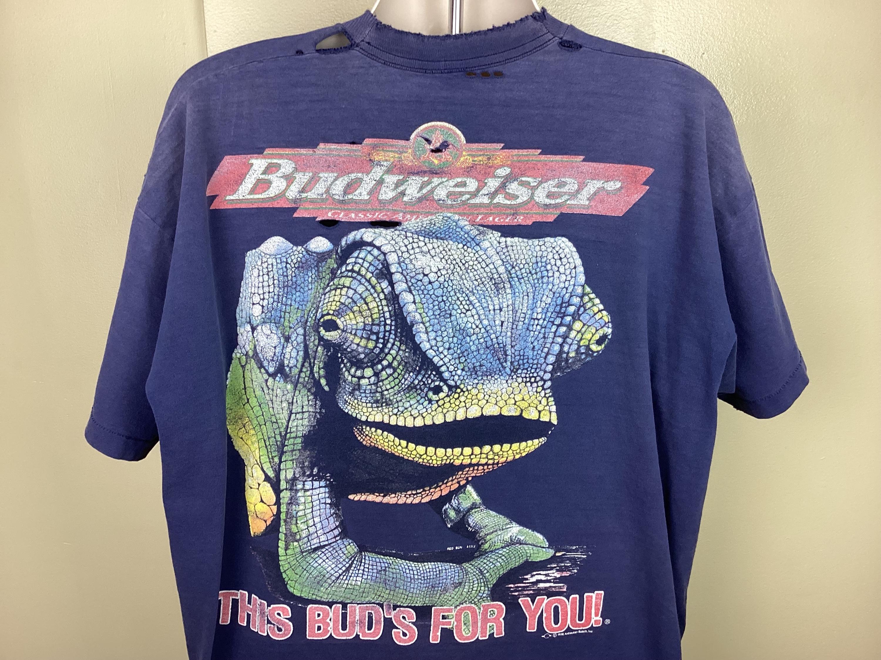 Vtg 1998 Budweiser Chameleon T-shirt Blue 2XL/3XL 90s Lizard Tv 
