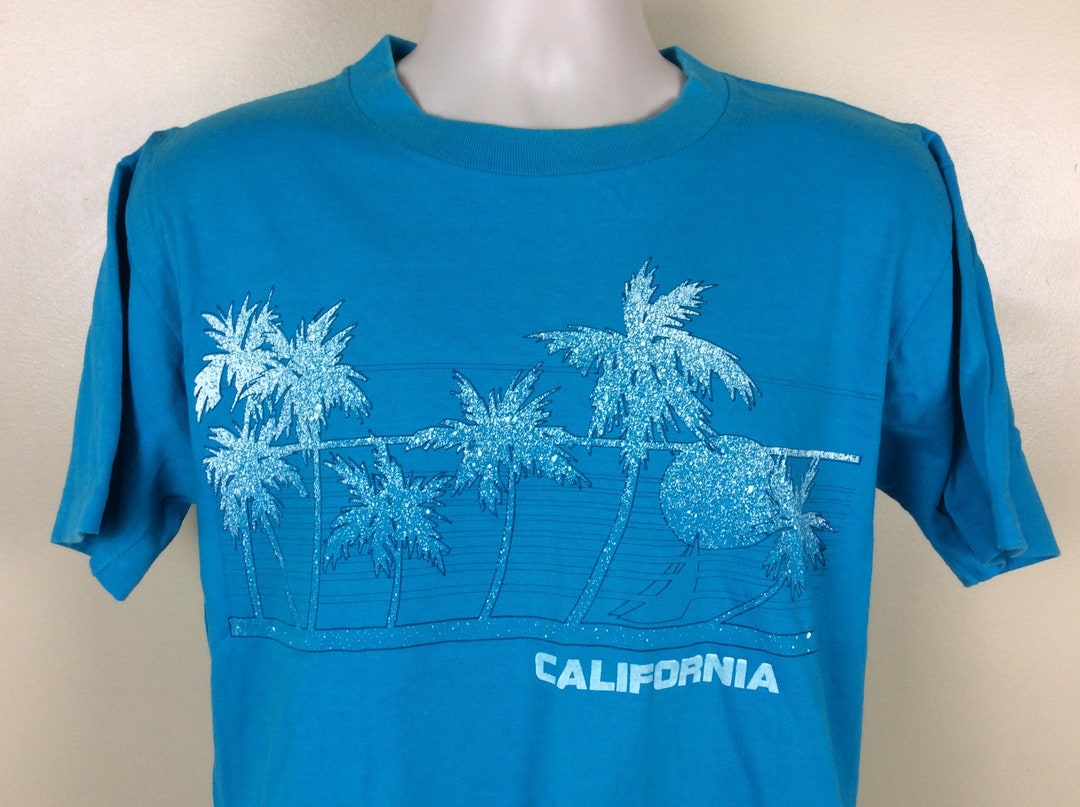 Vtg 1985 California Palm Trees Sunset T-shirt Turquoise L Poly - Etsy
