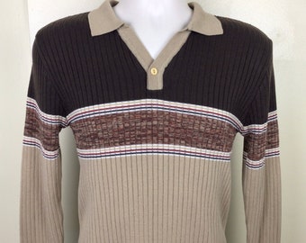 Vtg 70s Kennington Collared Sweater Brown M Stripes Collar Knit