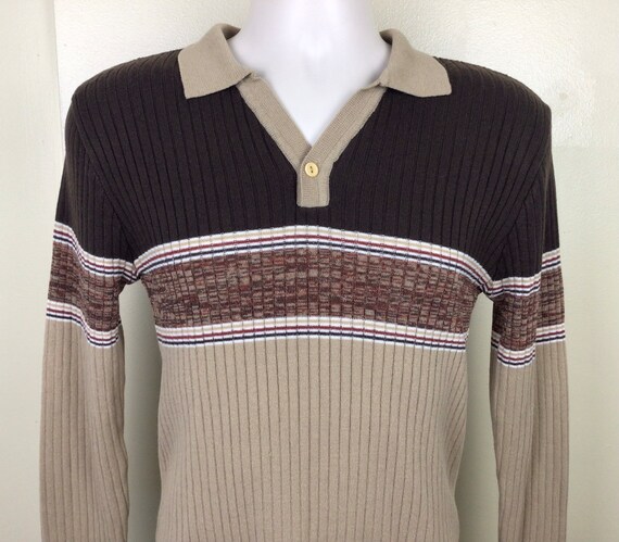 Vtg 70s Kennington Collared Sweater Brown M Strip… - image 1