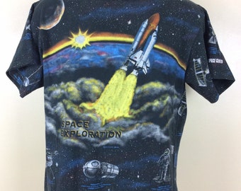 Vtg 90s Space Exploration All Over Print T-Shirt Black M Kennedy Space Center