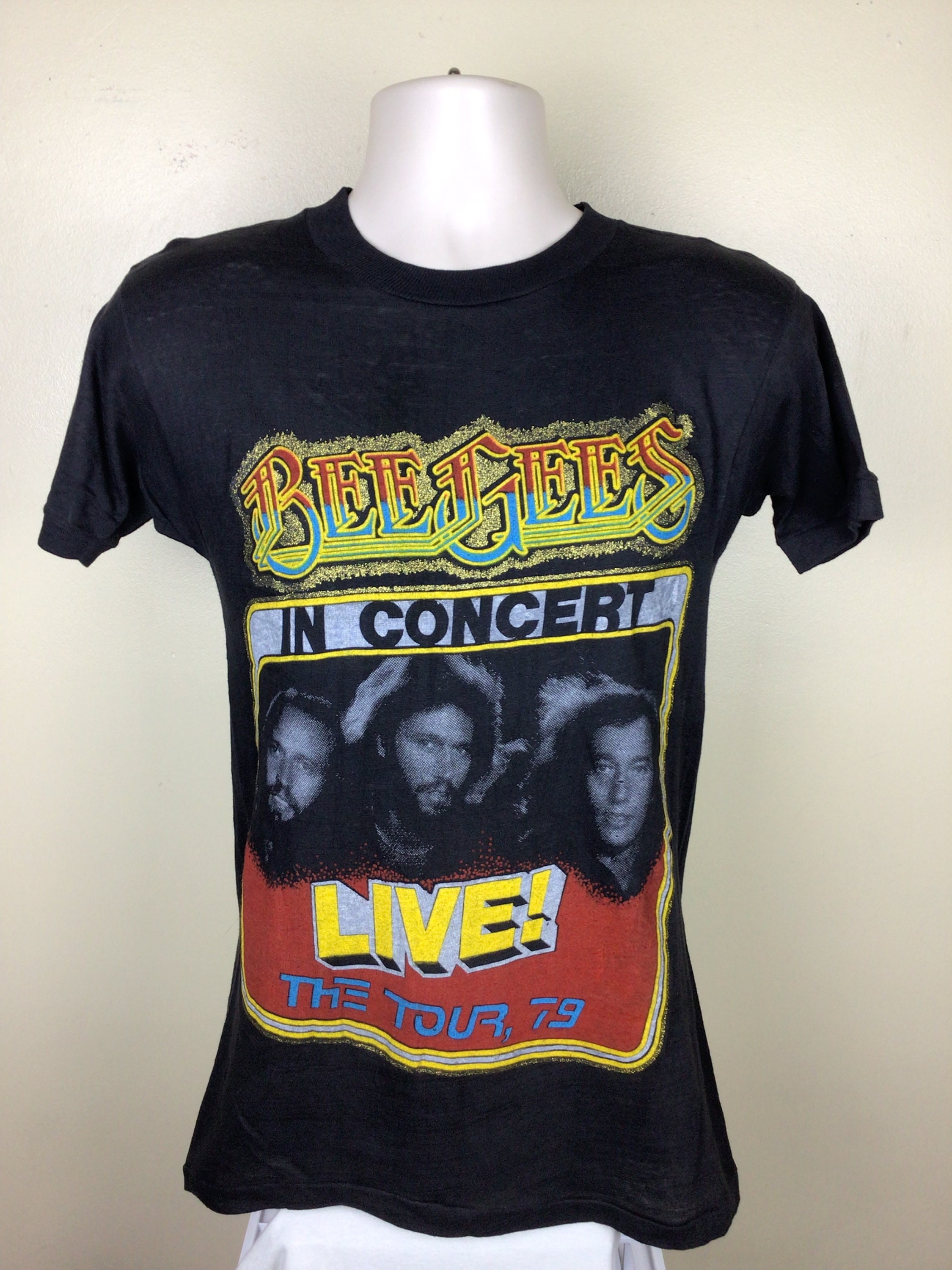 Vtg 1979 Bee Gees Concert T-shirt Black S/M 70s Disco Pop Group  