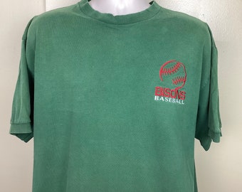 Vtg anni '90 Y2K Buffalo Bisons Baseball T-shirt ricamata verde XL Minor League Team Ringer Sleeve