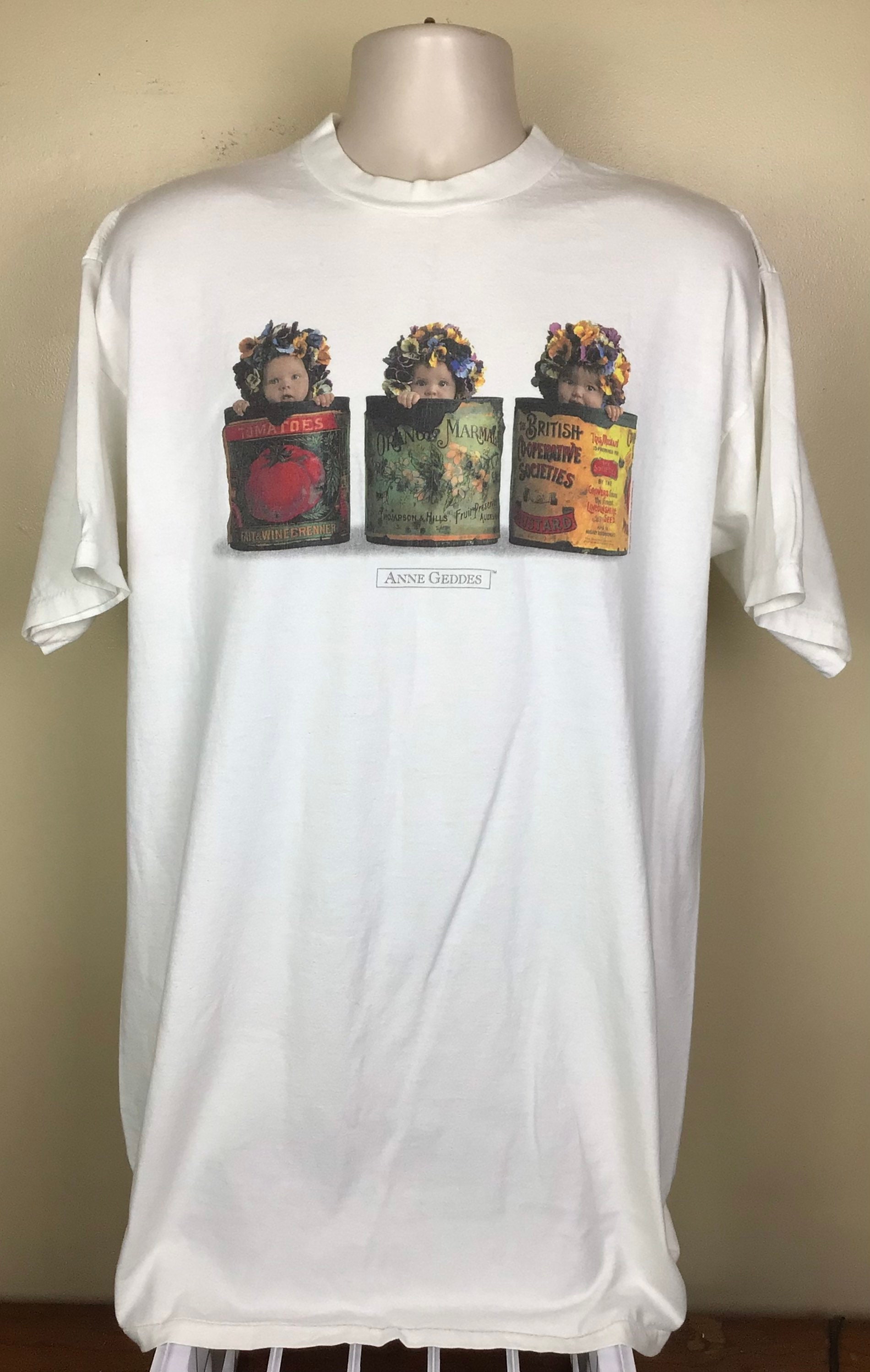 Vtg 1996 Anne Geddes Tin Can Babies T-shirt White XL/XXL 90s Art