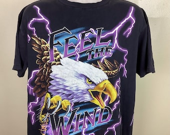 Koszulka VTG z lat 90. Feel The Wind w kolorze czarnym L American Thunder Bald Eagle Lightning Biker
