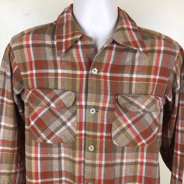 Vtg 70s 80s Pendleton Board Shirt M Brown Red Wool Plaid Flannel Made In USA