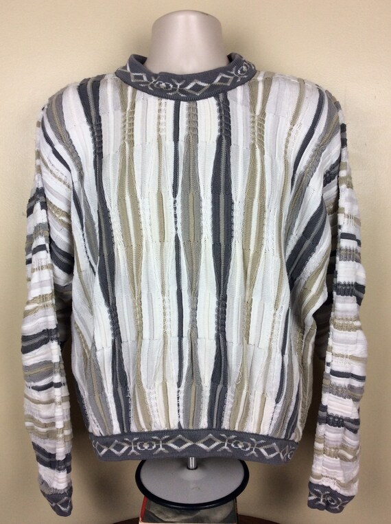 Vtg 90s Coogi 3D Knit Sweater Gray White L Made I… - image 2