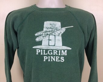 Vtg 70s Huskee Mills Pilgrim Pines Raglan Sweatshirt Forest Green S/M Camp Crew Neck