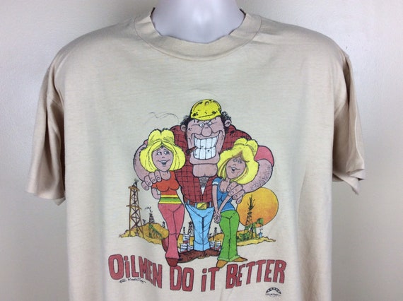 Vtg Early 80s Oil Men Do It Better T-shirt Beige XL Hanes Cartoon