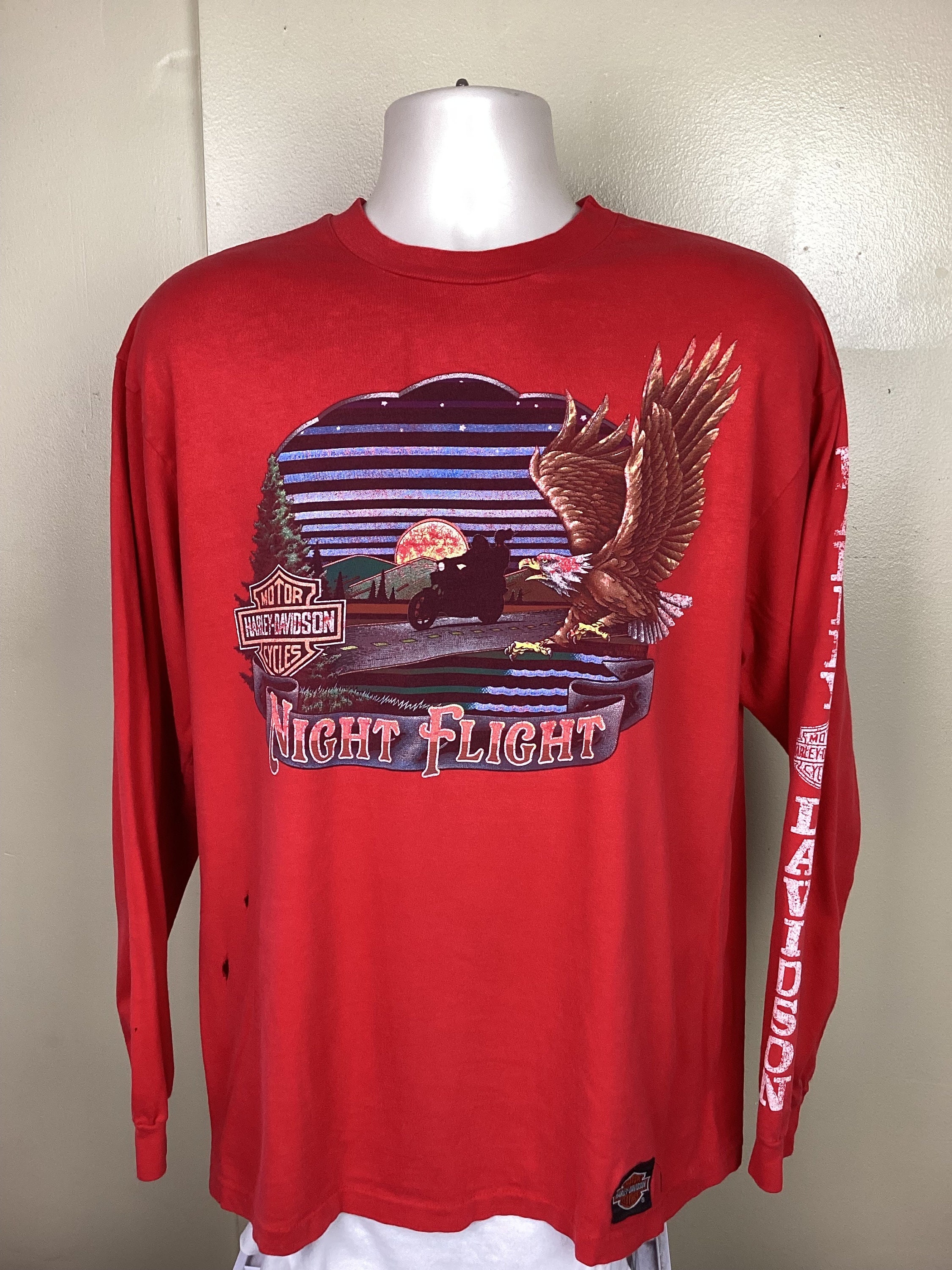 Vtg 80s Harley Davidson Night Flight Long Sleeve T-shirt Red L 