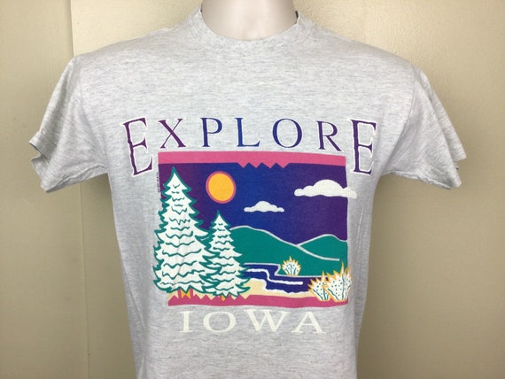 Vtg 1991 Explore Iowa T-Shirt Heather Gray S Natu… - image 1