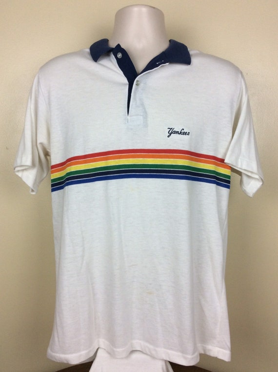 Vtg 80s NY Yankees Rainbow Stripes Polo Shirt Whi… - image 2